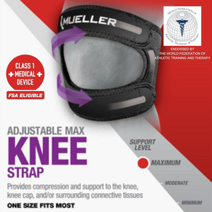 MUELLER Sports Medicine Adjustable Max Knee Single Strap, Knee Pain Relief Support for Men and Women, Ideal for Osgood-Schlatter's, Runner's Knee, Patellar Tendinitis, Black, Small/Medium