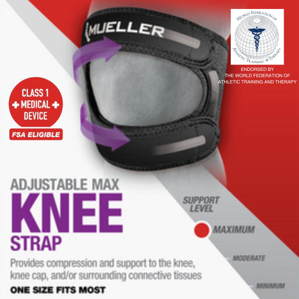 MUELLER Sports Medicine Adjustable Max Knee Single Strap, Knee Pain Relief Support for Men and Women, Ideal for Osgood-Schlatter's, Runner's Knee, Patellar Tendinitis, Black, Small/Medium