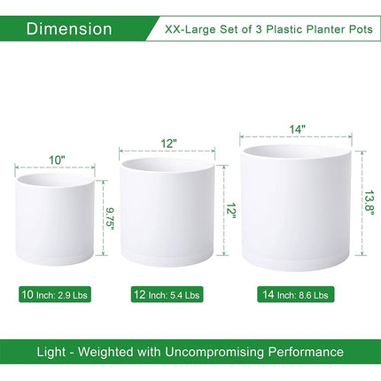 D'vine Dev 10 Inch 12 Inch 14 Inch, Set of 3 Plastic Planter Pots for Plants with Drainage Hole and Seamless Saucers, White Color, XX-Large, 74-V-A-6