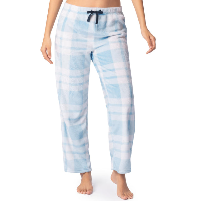 Fruit of the Loom Women's Sueded Jersey Crew Top and Fleece Pant Sleep Set Pajama, Navy/Snow Plaid, S