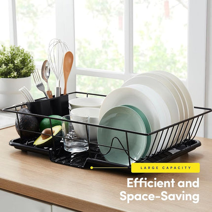 Sweet Home Collection Drying and Storage-Includes Cutlery Holder and Drainboard-Maximize Countertop Space, Metal Plastic, Black