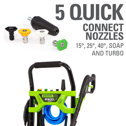 Hidrolavadora eléctrica Greenworks 2300 PSI TruBrushless (2.3 GPM), manguera de 25', lanza de conexión rápida, boquillas de 15, 24, 40 grados, jabón y turbo.