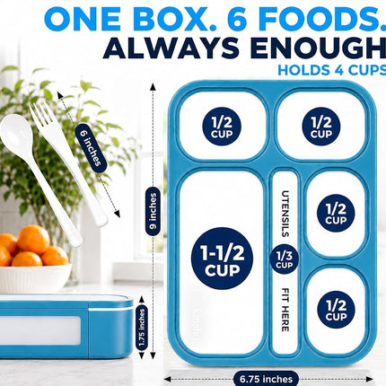 Bento-Box with Bag and Ice Pack Set. Lunch Boxes Snack Containers for Kids Boys Girls Adults. 6 Compartments, Leakproof Portion Container Boxes Insulated Bags for School Lunches, Blue