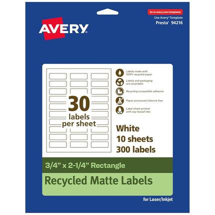 Avery EcoFriendly Matte White Recycled Rectangle Labels, 0.75" x 2.25", Print-to-The-Edge, Matte White Labels, Permanent Adhesive, Laser/Inkjet Printable, 300 Total