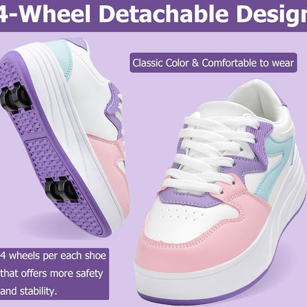 ANEFUN Roller Skate Shoes for Kids Boys Girls Sneakers with Detachable Wheels Sport Shoe White/Purple