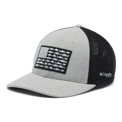 Columbia Unisex PFG Fish Flag Mesh Ball Cap-High Crown, Cool Grey Heather/Grill/US Fish Flag, Large/X-Large