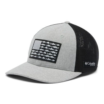 Columbia Casquette en maille PFG Fish Flag unisexe – Couronne haute, gris chiné froid/grill/drapeau de poisson américain, L/TG