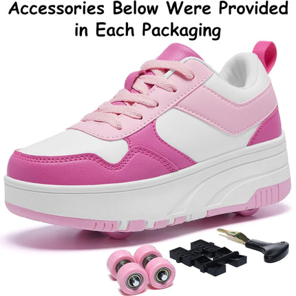 ANEFUN Roller Skate Shoes for Kids Girls Boys Detachable Wheeled Fashion Sneakers Pink White