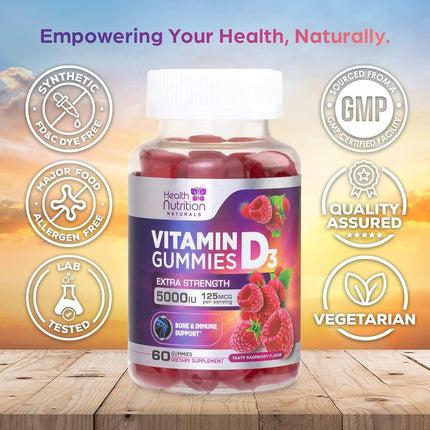 Vitamin D3 Gummy Vitamins, 125mcg per Serving, Immune Support, Delicious Raspberry Flavor, 60 ct (30 Day Supply)