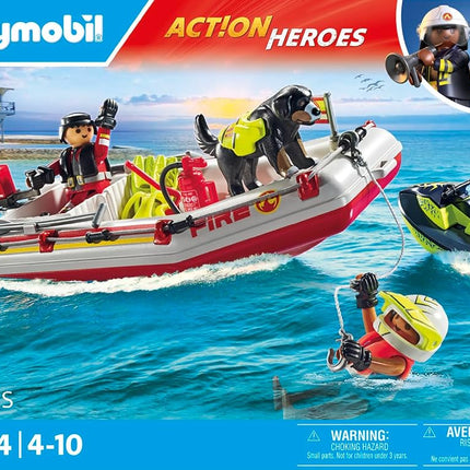 Playmobil 71464 Action Heroes: Fireboat with Aqua Scooter, exciting water rescue, including diving goggles and fins, fun imaginative role-play, realistic play sets suitable for children ages 4+