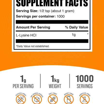 BulkSupplements.com L-Lysine Powder - as L-Lysine HCl, Lysine Supplement, L-Lysine 1000mg - for Immune Support - Gluten Free, 1000mg per Serving, 1kg (2.2 lbs) (Pack of 1)