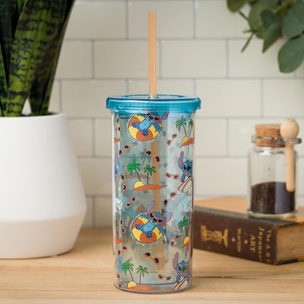 Silver Buffalo Disney Lilo and Stitch Beach Island Stitch in Floatie Swim Ring Plastic Glitter Cold Cup with Lid and Straw, 20 Ounces