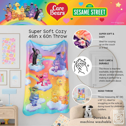 Franco Collectibles Care Bears x Sesame Street Bedding Super Soft Cozy Plush Throw, 46 in x 60 in, (Officially Licensed Product)