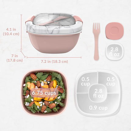 Bentgo® All-in-One Salad Container - Large Salad Bowl, Bento Box Tray, Leak-Proof Sauce Container, Airtight Lid, & Fork for Healthy Adult Lunches; BPA-Free & Dishwasher/Microwave Safe (Blush Marble)
