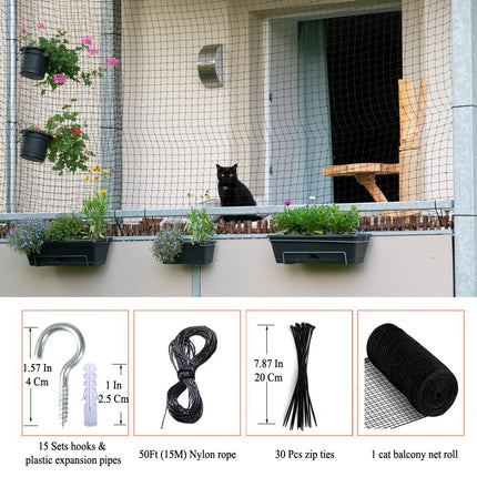Vocray Cat Netting Balcony 3x6 M, No Steel Wire, Catio Cat Outdoor Enclosure, Anti-Fall Pet Fence Barrier for Garden, Balconies, Windows, Stair, Patios