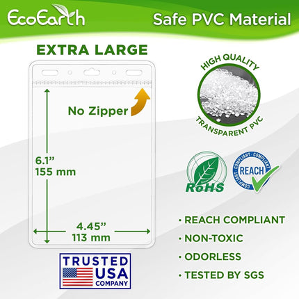 EcoEarth Passport Holder, Extra Large Vertical ID Holder, Zipperless Plastic Badge Holders (Clear, 4x6 Inch, 100 Pack)