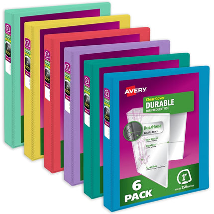 Avery Durable View 3 Ring Binders, 1 Inch Slant Rings, 250-Sheet Capacity, DuraHinge, 1.4 Inch Wide Spine, Customizable Clear Covers and Spine, Pastel Colors (6-Pack of 05632)