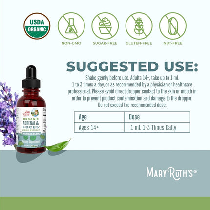 Adrenal Support & Focus Supplement by MaryRuth's | Adrenal Supplements Help The Body Manage Stressors & Improve Focus | Nootropic Adrenal Complex with Astragalus Root, Gingko Leaf, Wood Betony Herb