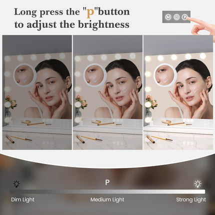 GAOMON 2024 New Vanity Mirror with Lights, Elegant Lighted Vanity Mirror, 15 LED Bulbs, 3 Light Settings, 3X Zoom Mirror - Detachable, Tabletop Design with Metal Frame, White (23" x 18")