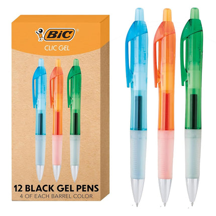 Bic Intensity Clic Gel Retractable Roller Pens, 0.7 mm, Black, 12 Pens