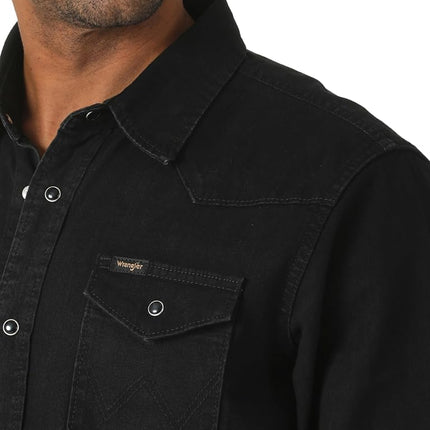 Wrangler Men's Iconic Regular Fit Snap Shirt Button, Black Denim, Medium