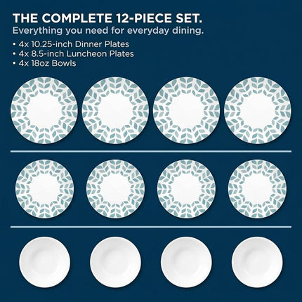 Corelle Vitrelle Glass Dinnerware Set, Chip & Crack Resistant Triple Layer Glass, 12-PC Dinnerware Set, Northern Pines