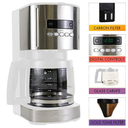 Kenmore 12 Cup Drip Coffee Maker - 1.8L Programmable Coffee Machine With Glass Pot, Regular & Bold Brew, Auto Shut Off Large Water Reservoir, Reusable Filter, Kitchen Appliances For Cafeteria, White
