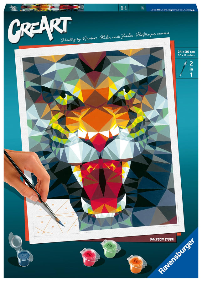 Ravensburger CreArt 23514 Polygon Tiger Painting by Numbers Adults, DIY Painting Set with Brush and Acrylic Paints, Gift for Women and Men, Painting for Adults