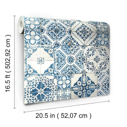 RoomMates RMK11083WP Blue Mediterranian Tile Peel and Stick Wallpaper