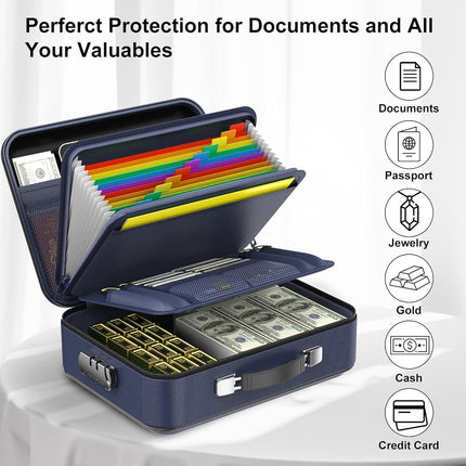 COLCASE Fireproof File Box, Hard Case Fireproof Box with Lock Hard-Shell Design Fireproof Water Resistant Safe Box Document Organizer for Important Documents Certificates Laptop Passports Blue