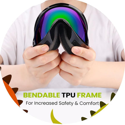 OutdoorMaster Kids Ski Goggles, Snow Goggles for Boys & Girls with 100% UV Protection（Black Frame + VLT 28% Revo Green Lens）