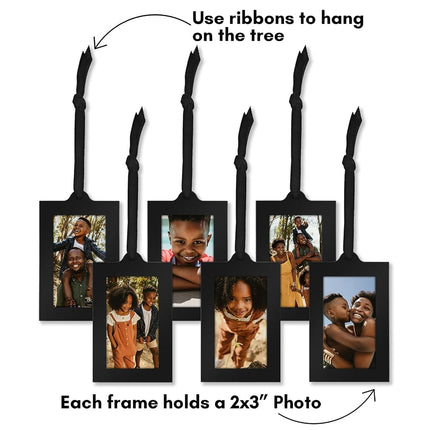 Americanflat Bronze Family Tree with 6 Hanging Picture Frames 2" x 3" in Black and Adjustable Ribbon Tassels - 12"