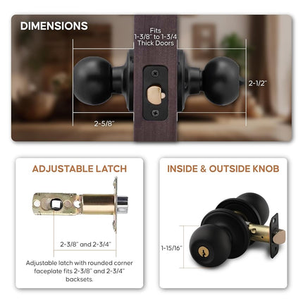Copper Creek Matte Black Door Knobs - Keyed Entry Function, Locking Door Knob with Key, Locking Interior/Exterior Door Handle, Lockable Door Knob for Bedroom, Bathroom, and Room Doors - 2 Pack