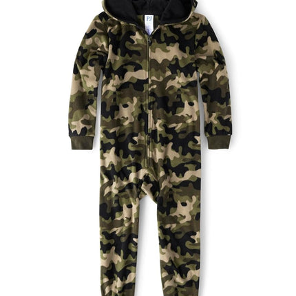 The Children's Place Boys Long Sleeve Fleece Zip Up Onesie Pyjamas, Green Camouflage, M