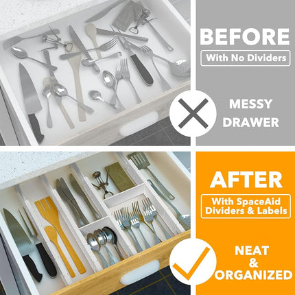 SpaceAid Bamboo Drawer Dividers with Inserts and Labels, Kitchen Adjustable Drawer Organizers, Expandable Organization for Home, Office, Dressers, 4 Dividers with 9 Inserts (17-22 in), White