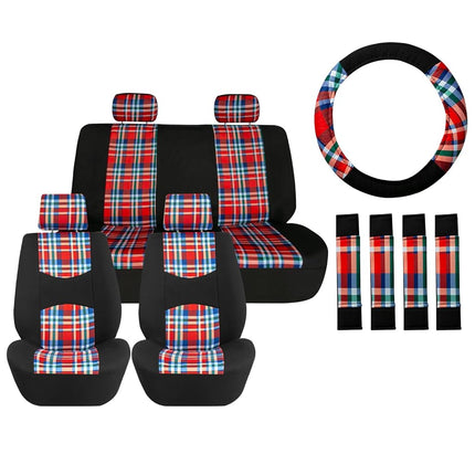 FH Group Car Seat Covers Full Set Plaid Print Cloth - Universal Fit Automotive Seat Covers, Low Back Front Seat Covers, Solid Back Seat Cover, Washable Car Seat Cover for SUV, Sedan, Van Red