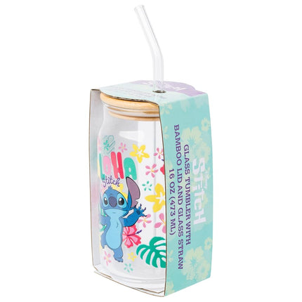 Silver Buffalo Disney Lilo and Stitch “Aloha” Tropical Hawaiian Glass Jar Tumbler with Bamboo Lid and Glass Straw, 16 Ounces