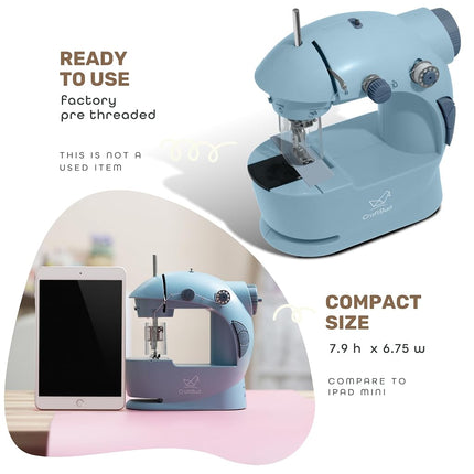 CraftBud Mini Sewing Machine for Beginners, Small Portable Double Speed Sewing Machine for Kids and Adults with Extension Table, 122 Pieces Gift Set Including Fabrics, One