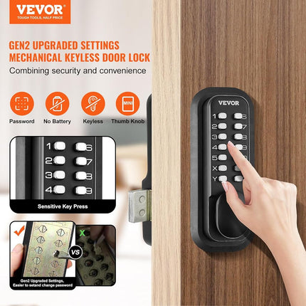 VEVOR Mechanical Keyless Entry Door Lock, 14 Digit Keypad, Water-Proof Zinc Alloy, Outdoor Gate Door Locks Set with Surface-Mounted Latch, Keypad and Knob, Easy to Install, for Garden, Garage, Yard