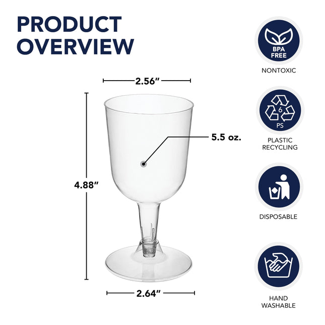 Party Essentials Hard Plastic Two Piece 5.5-Ounce Wine Glasses, Clear, Pack of 50