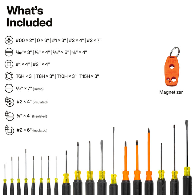 Klein Tools 85820 Precision Screwdriver Set, 7 Standard Screwdrivers with Colour Coded Handles, 3 Insulated Screwdrivers, 1 Demolition Screwdriver and Magnetizer