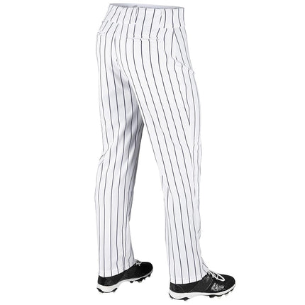 CHAMPRO Pantalón de béisbol Triple Crown OB de corte holgado para jóvenes, con rayas finas, parte inferior abierta, entrepierna ajustable y zonas deslizantes reforzadas, blanco y azul marino