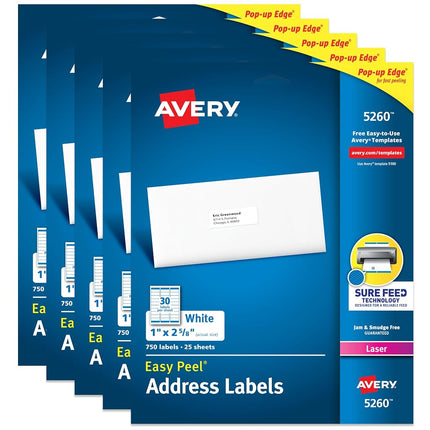 Avery Address Labels with Sure Feed for Laser Printers, 1" x 2-5/8", 3,750 Labels – Great for FBA Labels (5 Packs 5260)