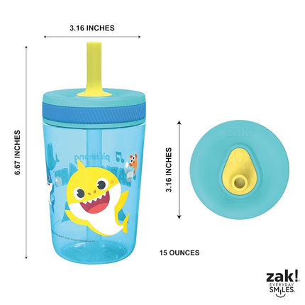 Zak Designs Baby Shark Kelso 15oz Leak-Proof Toddler Straw Cups, 2-Pack
