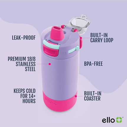Ello Kids Colby 12oz Stainless Steel Insulated Water Bottle with Straw and Built-In Silicone Coaster Carrying Handle and Leak-Proof Locking Lid for School Backpack, Lunchbox, and Outdoor Sports, Lilac