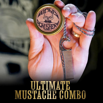 Mustache Wax Extra Strong Hold Bone Crusher 1 oz Tin & Necklace Death Grip Mustache Comb Mens Combo Kit - Grooming For Men Handlebar Moustache