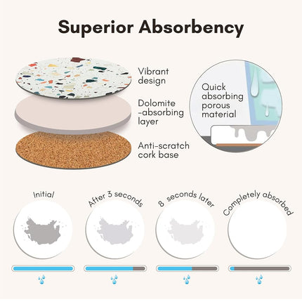 Absorbent Coaster Set of 6 with Holder, Drink Coasters for Coffee Table, Kitchen, Home Decor, Cute Ceramic Round Coasters, Alternative to Silicone, Cork or Glass Coaster (Mosaic with Black Holder)