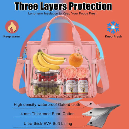 Weitars Insulated Lunch Bag for Women,Leak Proof Lunch Box for Work,Extra Large Lunch Tote Bag with Removable Shoulder Strap with Side Pockets,Reusable Lunch Bag for Picnic Hiking (Pink-02)