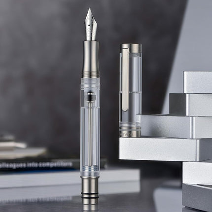 Asvine V200 Titanium Fountain Pen Vacuum Filling, Iridium Medium Nib Clear Transparent Acrylic Smooth Writing Pen Case Set