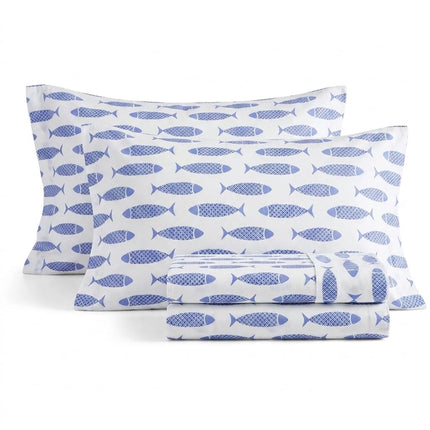 Nautica Cotton Percale Bedding Set, Crisp & Cool, Lightweight & Breathable, 100%, Woodblock Fish Blue, Full